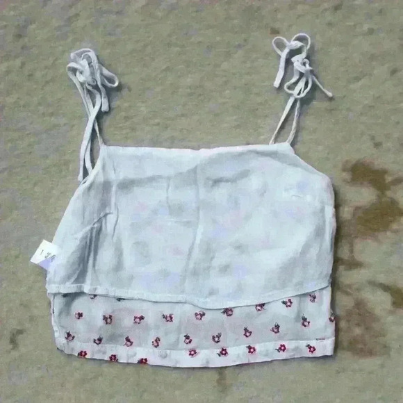 EMBROIDERED Cottagecore Cropped Tie Shoulder Floral Tank Top Relaxed Fit Women S - Picture 9 of 10